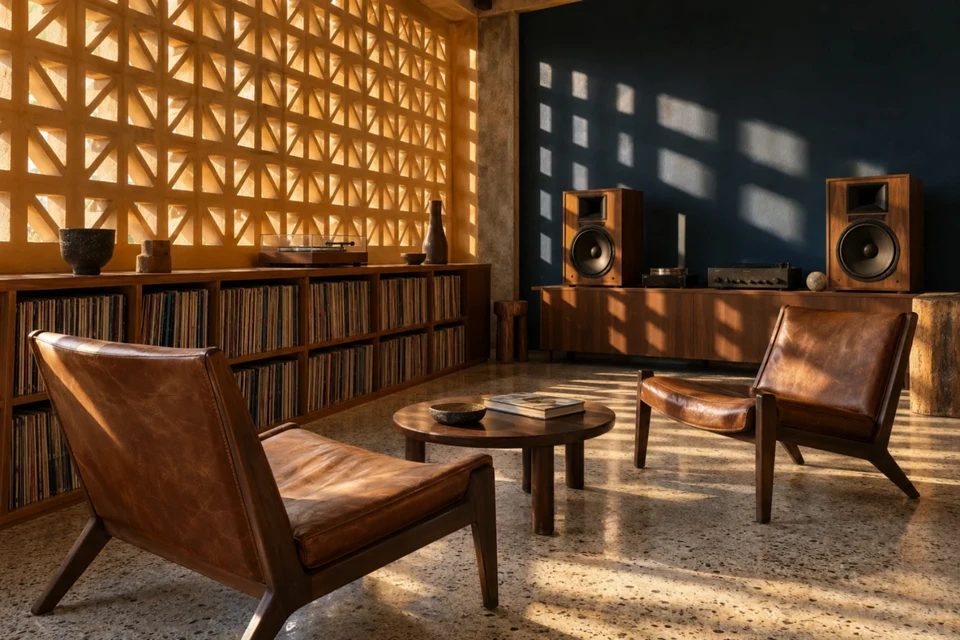 Warm afternoon light falls across timber record shelves, two leather chairs and a low table in the imagined Side A listening room.