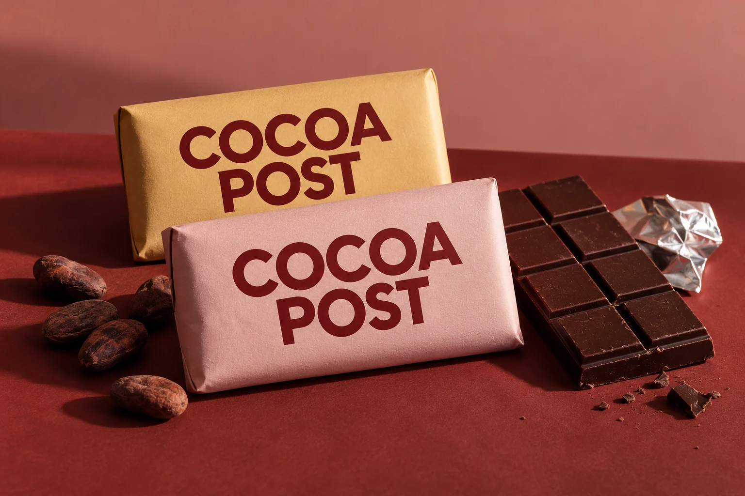 Concept packaging for Cocoa Post, with ochre and pink wrapped bars, dark chocolate and cocoa beans on a burgundy table