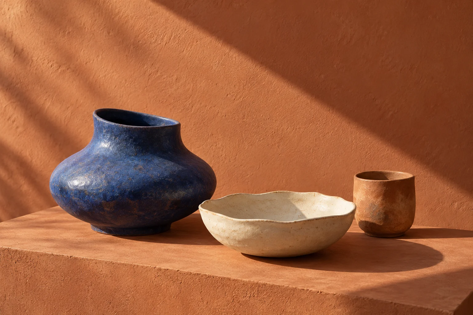 Concept ceramic objects: a cobalt vase, chalk-white bowl and clay cup in angled sunlight on a terracotta plinth